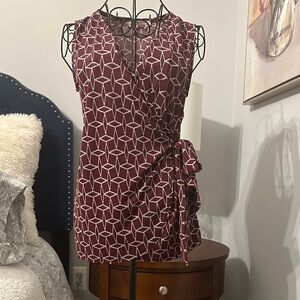 Geometric Faux Wrap Blouse in Burgundy and White